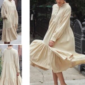 Black Crane Yellow Natural Tiered Natural Flannel Oversized  Midi Dress‍ Sz XS